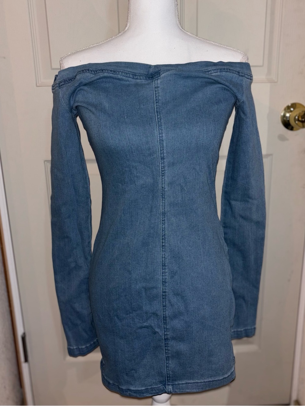 SHEIN Off-Shoulder Long Sleeve Denim Mini Dress - Blue